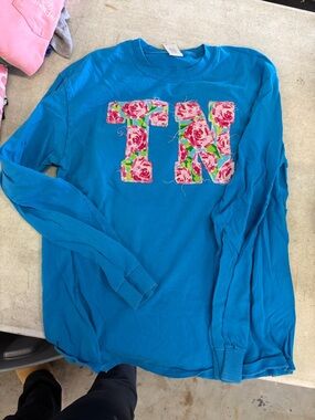 Blue Long-Sleeve Top with Lilly Pulitzer Inspired Floral TN Tennessee Appliqué